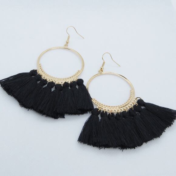 Francesca's Boho Black Hoop Tassel Earrings - Picture 2 of 3